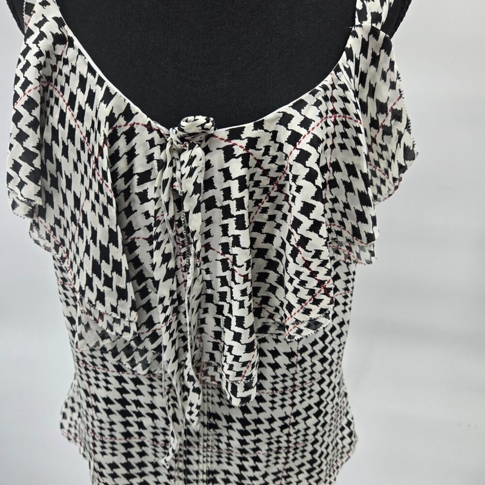 White House Black Market Houndstooth Ruffle Neck Sleeveless Silk Blouse Medium